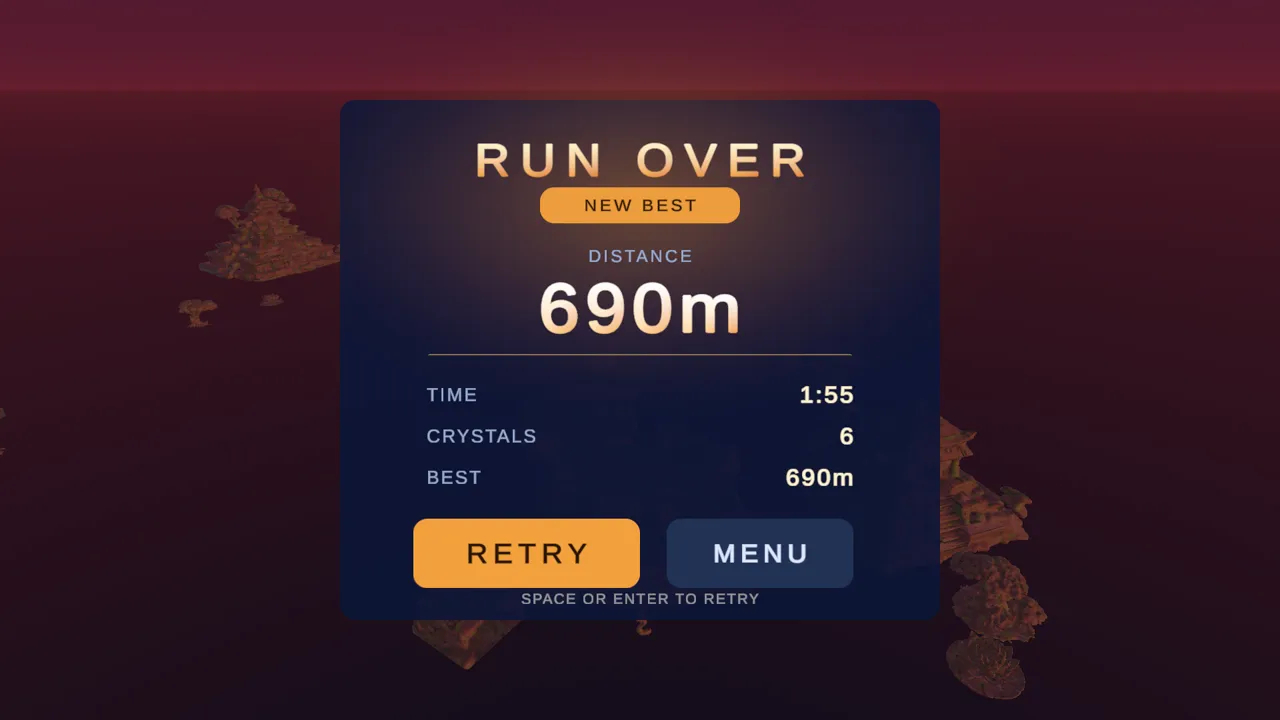 Kuyil run-over screen showing a 690m best distance